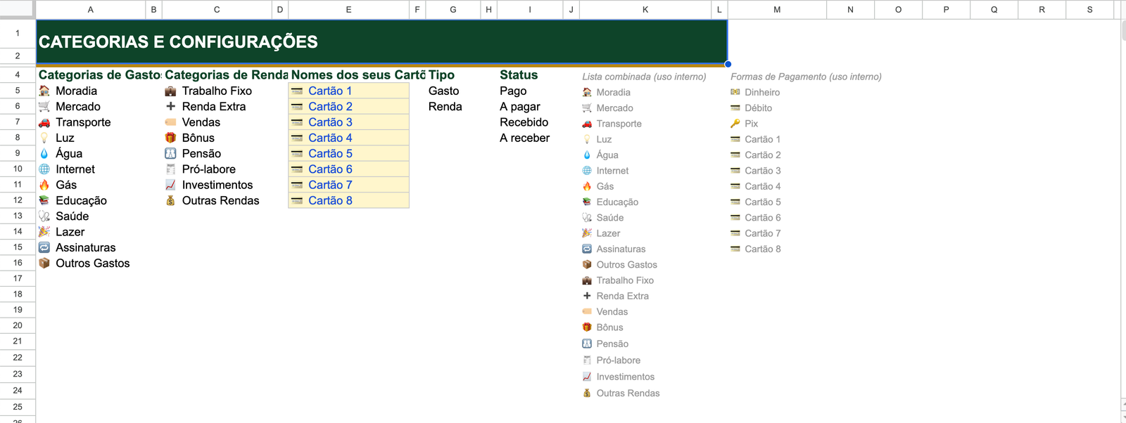 Tela de categorias e configurações da Finanças Pro